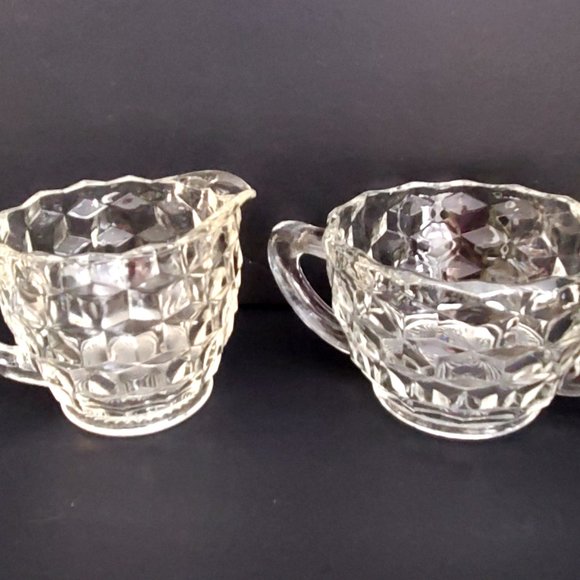 Vtg Cube Jeanette Glass Clear Cubist Pattern Sugar Bowl Creamer Depression - Picture 1 of 8
